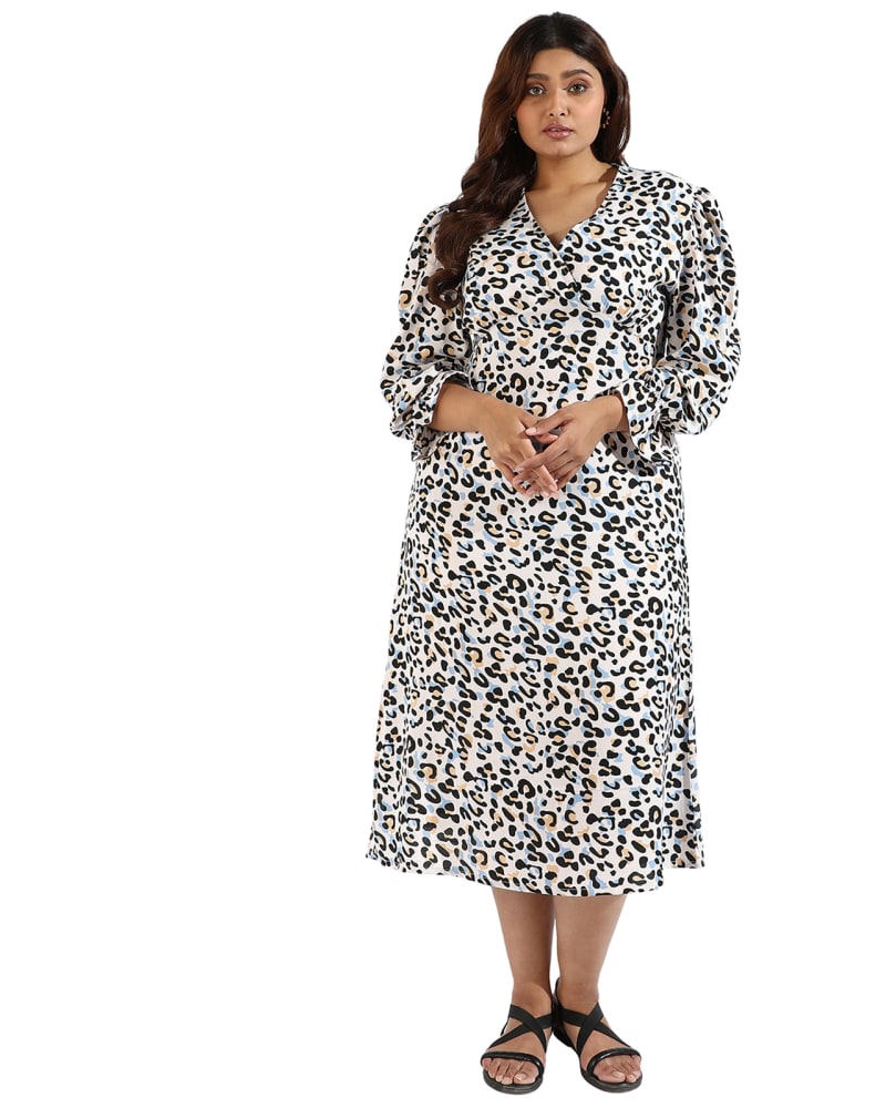 Front of a model wearing a size 5XL Women Animal Printed Dresses in Black by Instafab Plus. | dia_product_style_image_id:293805